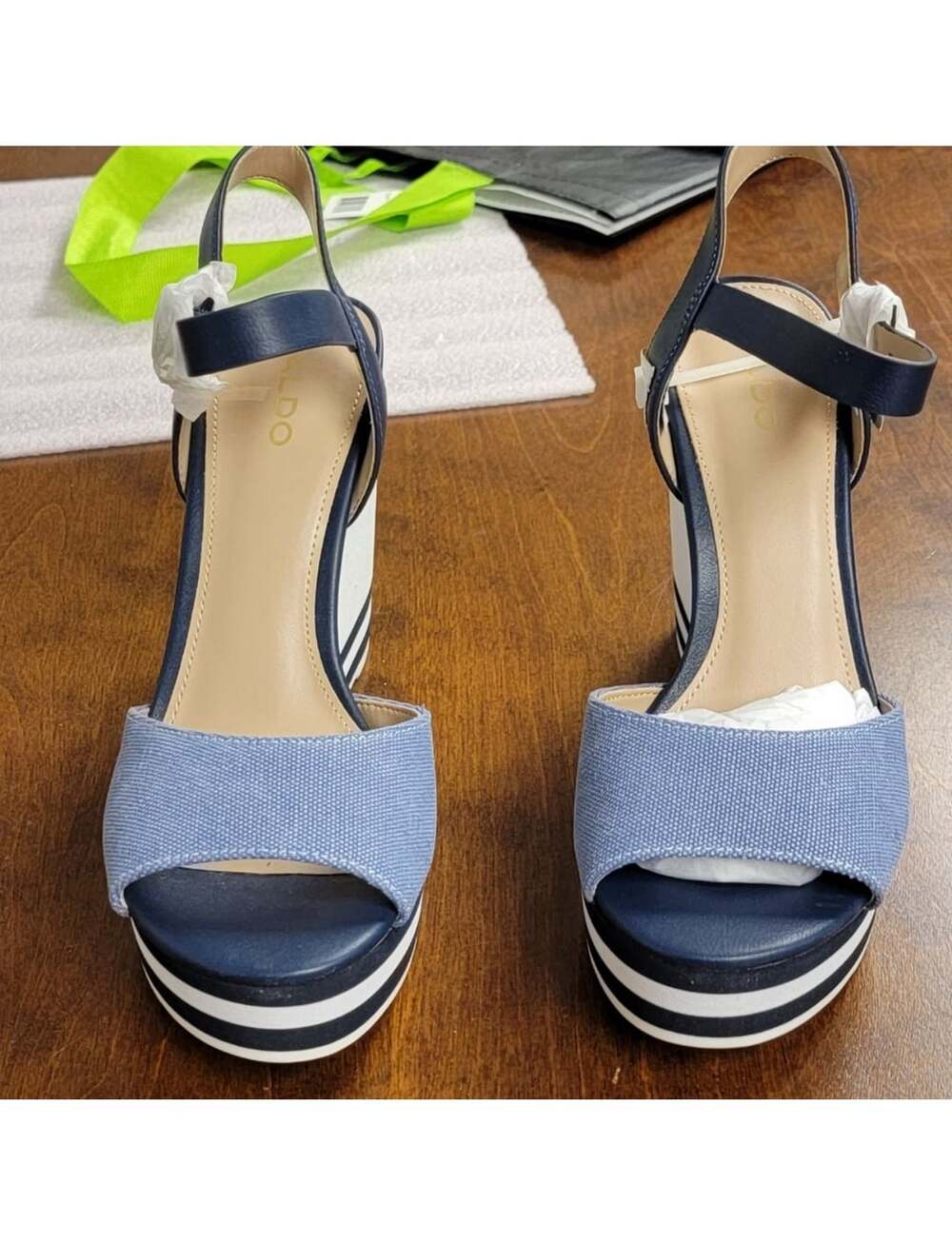 Aldo Broa Navy Blue Denim And White Stripe Platform Wedge Sandal - Picture 11 of 16